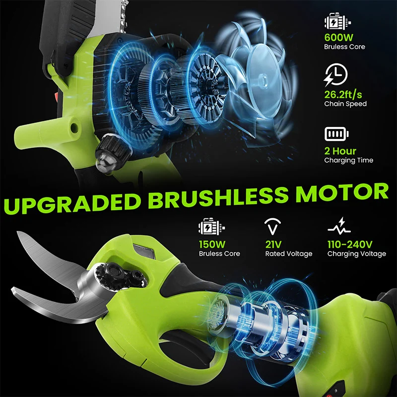 4 in 1 Cordless Pole Pruning Shears with 14ft Extension Chainsaw